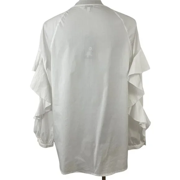 Splendid White Round Neck Button-Placket Ruffle-Sleeve Poplin Shirt Womens Large - Picture 4 of 11